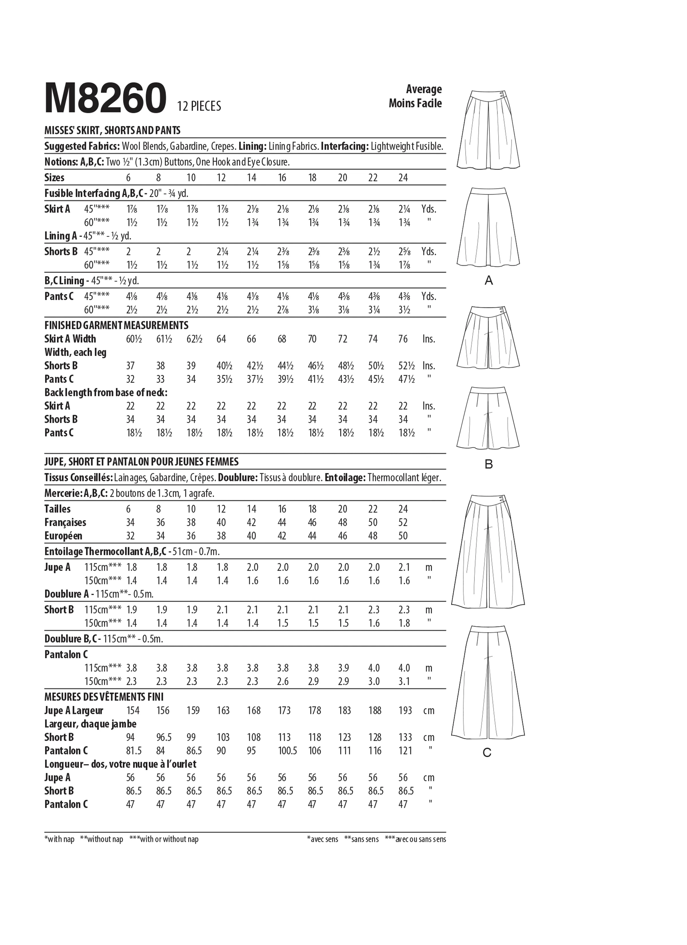 McCall's Pattern M8260 Miss Skirt Shorts Pant