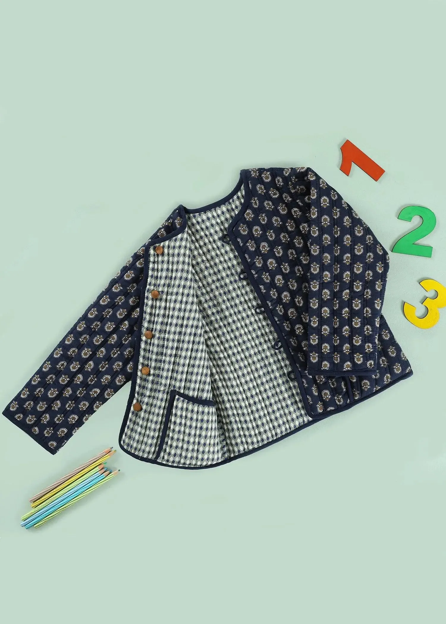 Meher/Rhombus Blue & Green 100% Cotton Reversible Coat Unisex (1-12 Years)