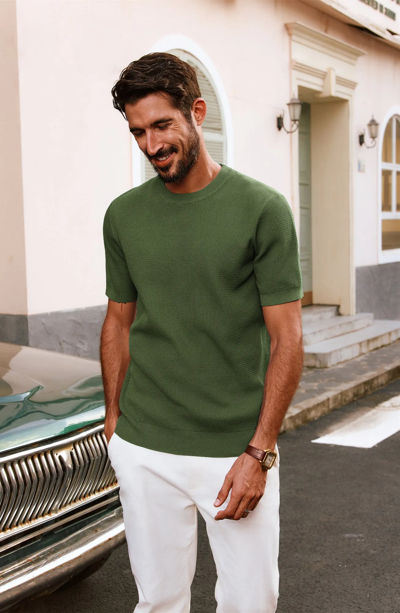 Men Basic Textured Knitted T-Shirt Short Sleeve Crew Neck Tops Knitwear