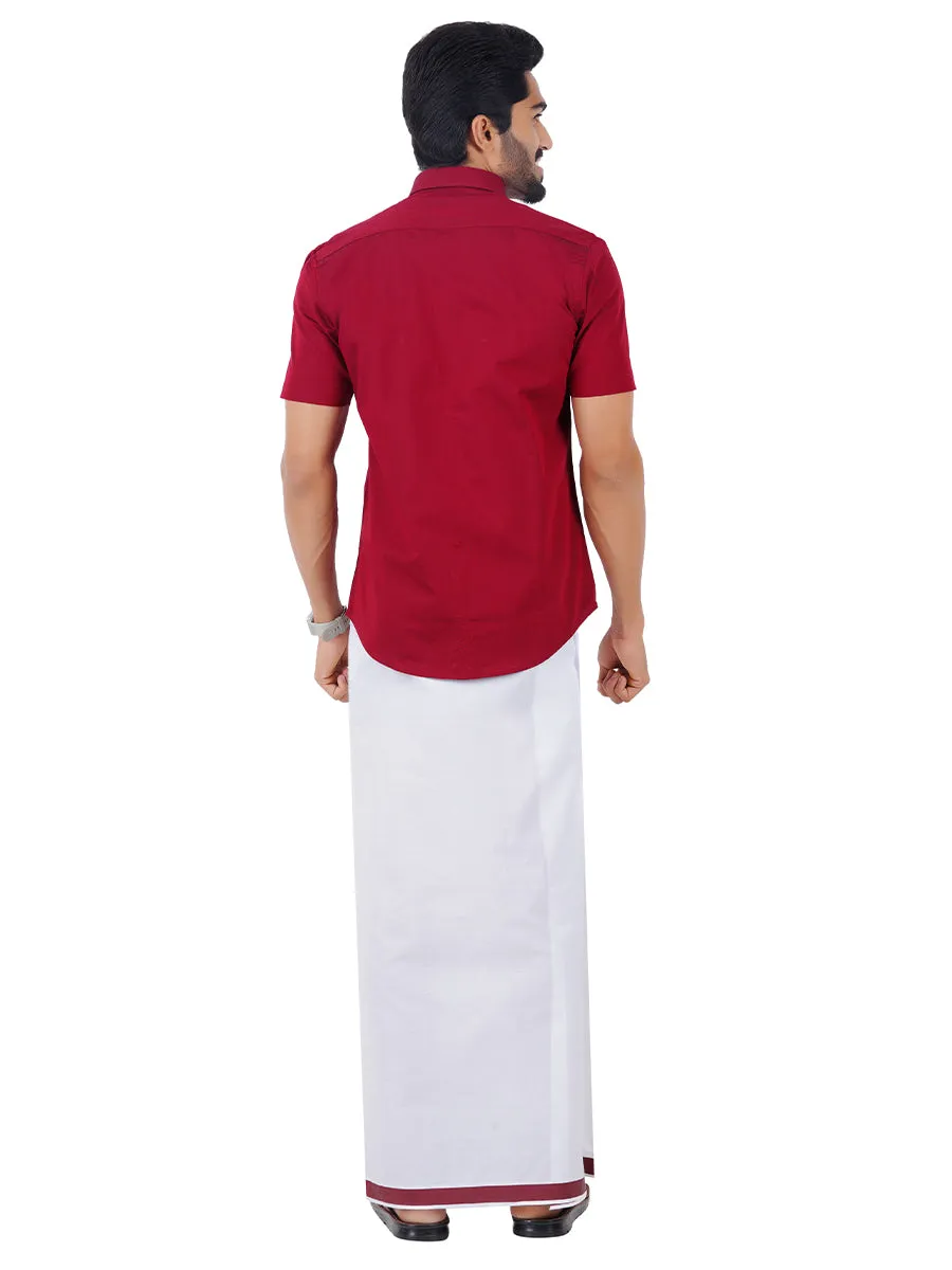 Men Fancy Border Dhoti & Shirt Set Half Sleeves Maroon G103