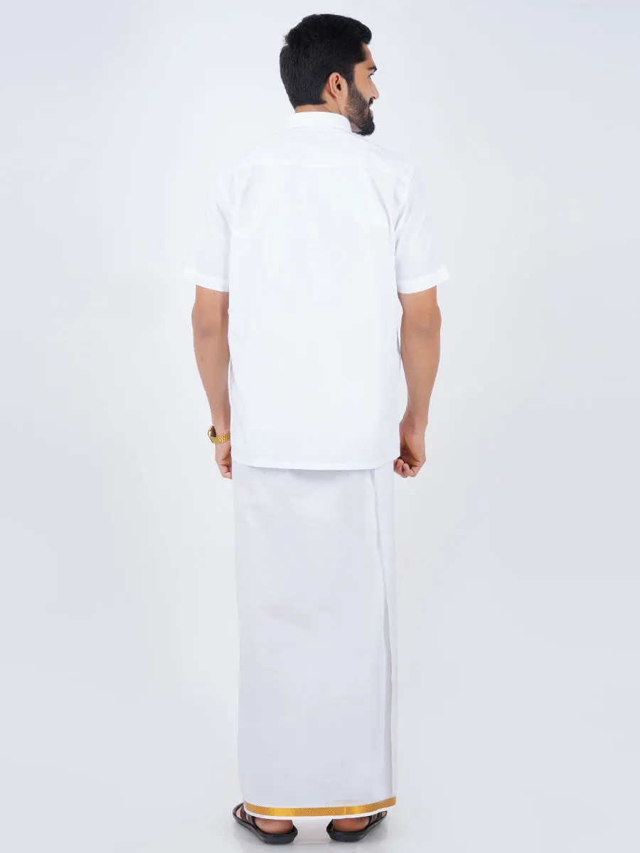 Men White Half Sleeves Shirt & Single Dhoti with Gold Jari Combo