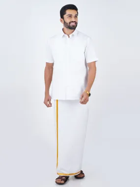 Men White Half Sleeves Shirt & Single Dhoti with Gold Jari Combo