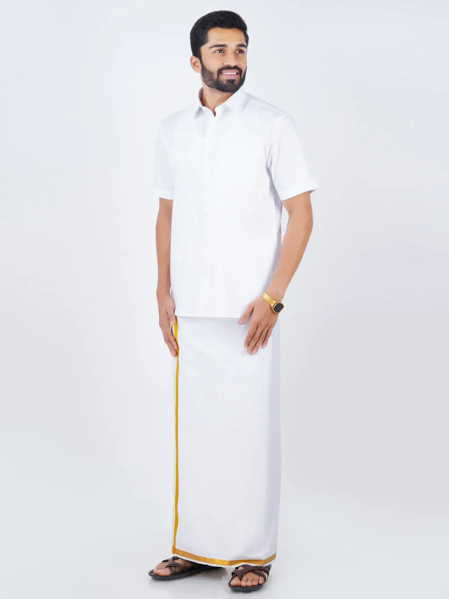 Men White Half Sleeves Shirt & Single Dhoti with Gold Jari Combo