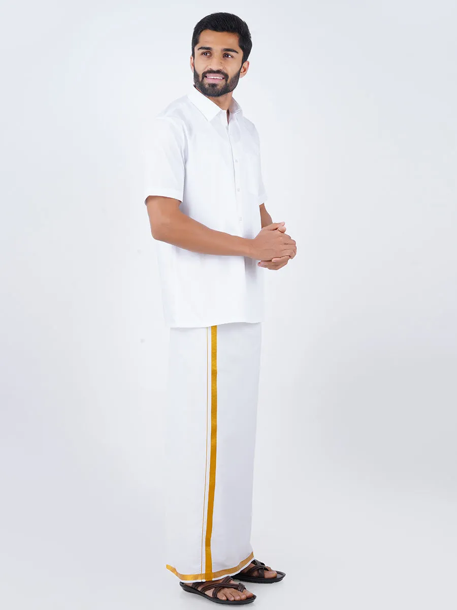 Men White Half Sleeves Shirt & Single Dhoti with Gold Jari Combo