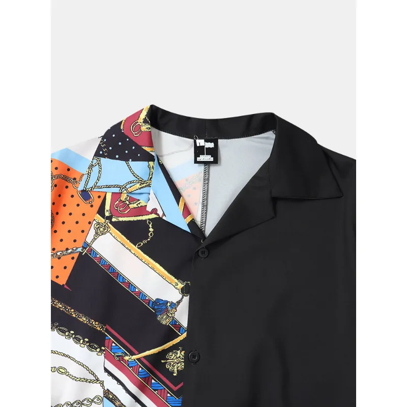 Mens Casual Baroque Print Patchwork Revere Collar Shirts