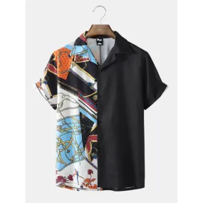 Mens Casual Baroque Print Patchwork Revere Collar Shirts