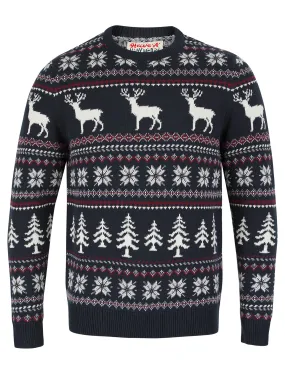 Men's Stag Jacquard Nordic Fair Isle Knitted Christmas Jumper in Navy - Merry Christmas