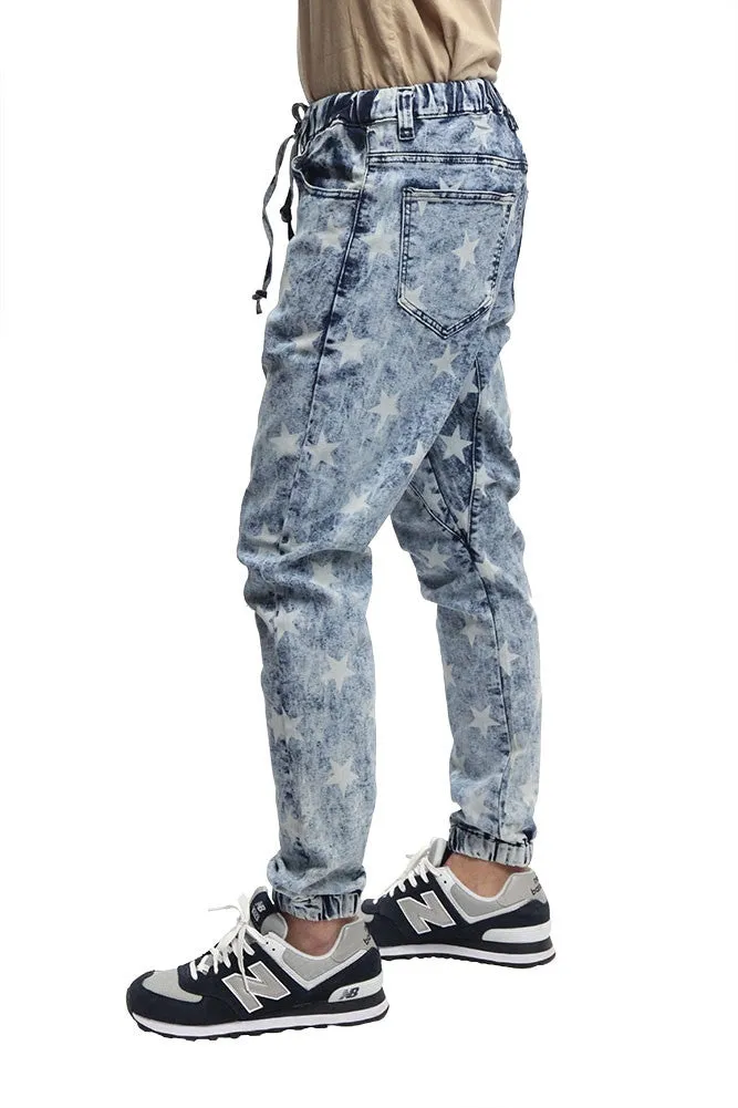 Men's Star Print Denim Jogger Pants