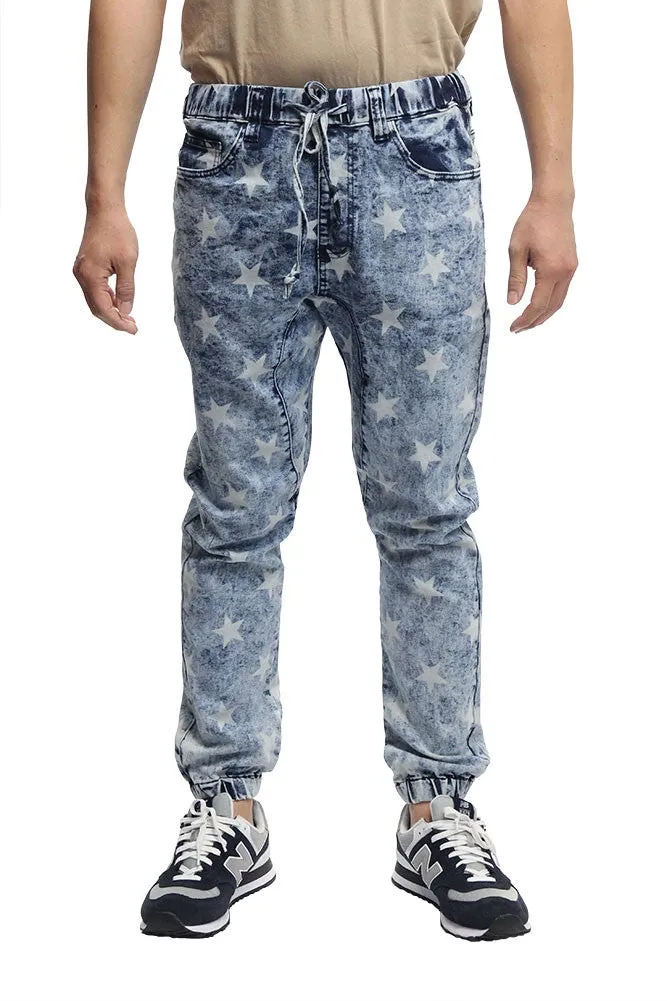 Men's Star Print Denim Jogger Pants