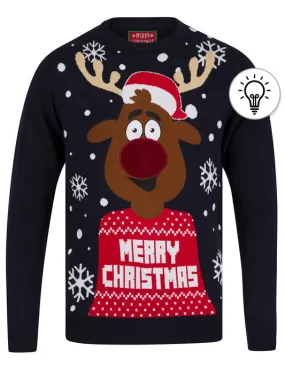 Men's Xmas Rudolph Motif LED Light Up Novelty Knitted Christmas Jumper in Ink - Merry Christmas