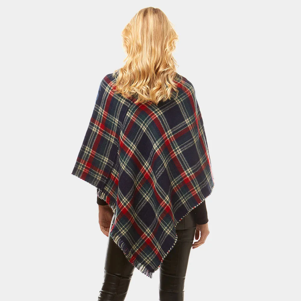 Multi Plaid Poncho - Navy