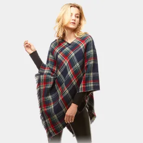 Multi Plaid Poncho - Navy