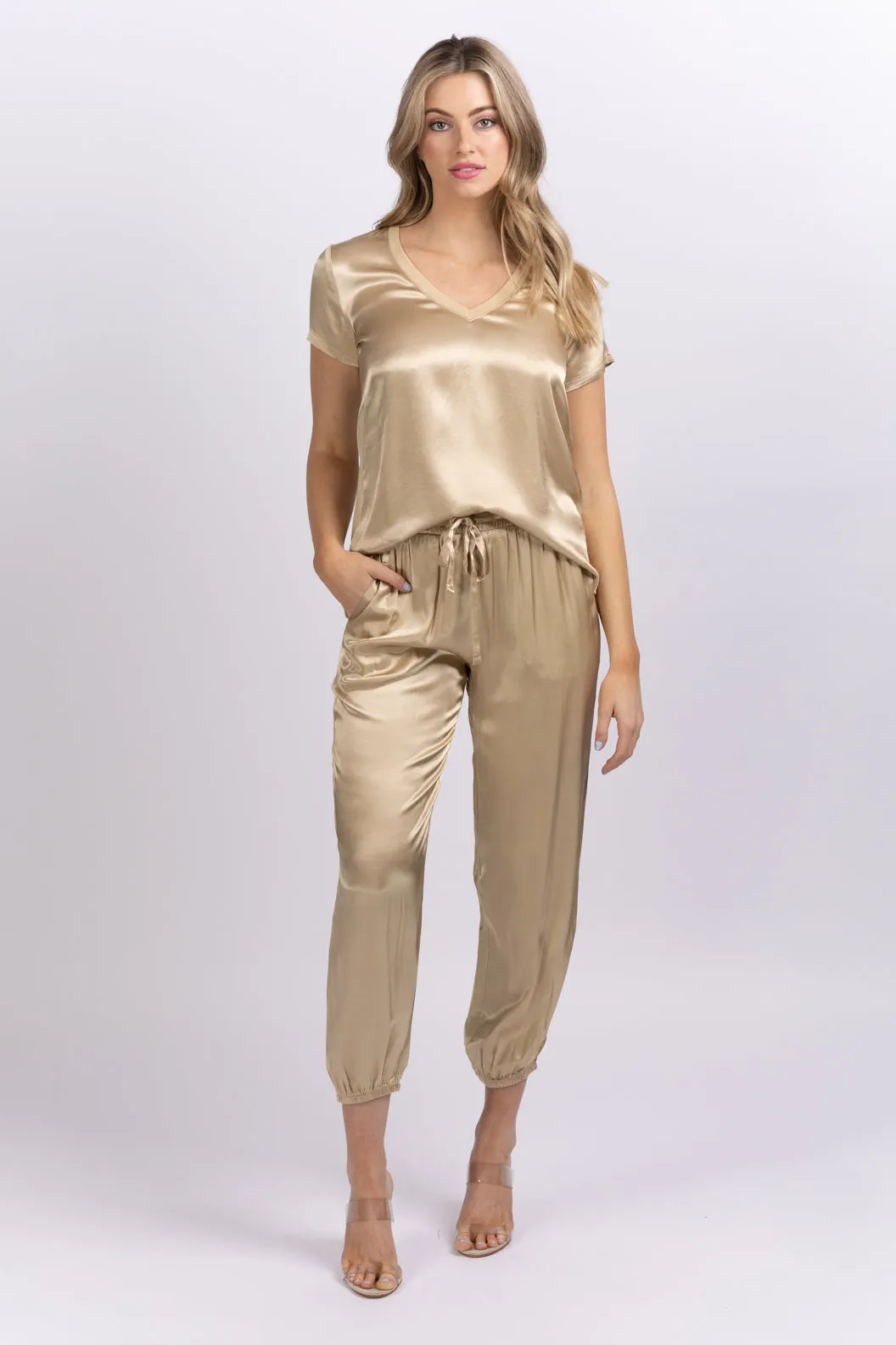 Nation Del Rey Satin Joggers in Toasted Marshmallow