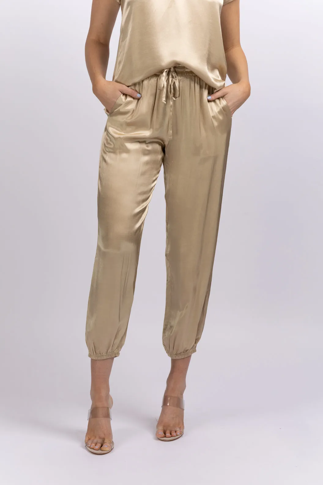 Nation Del Rey Satin Joggers in Toasted Marshmallow