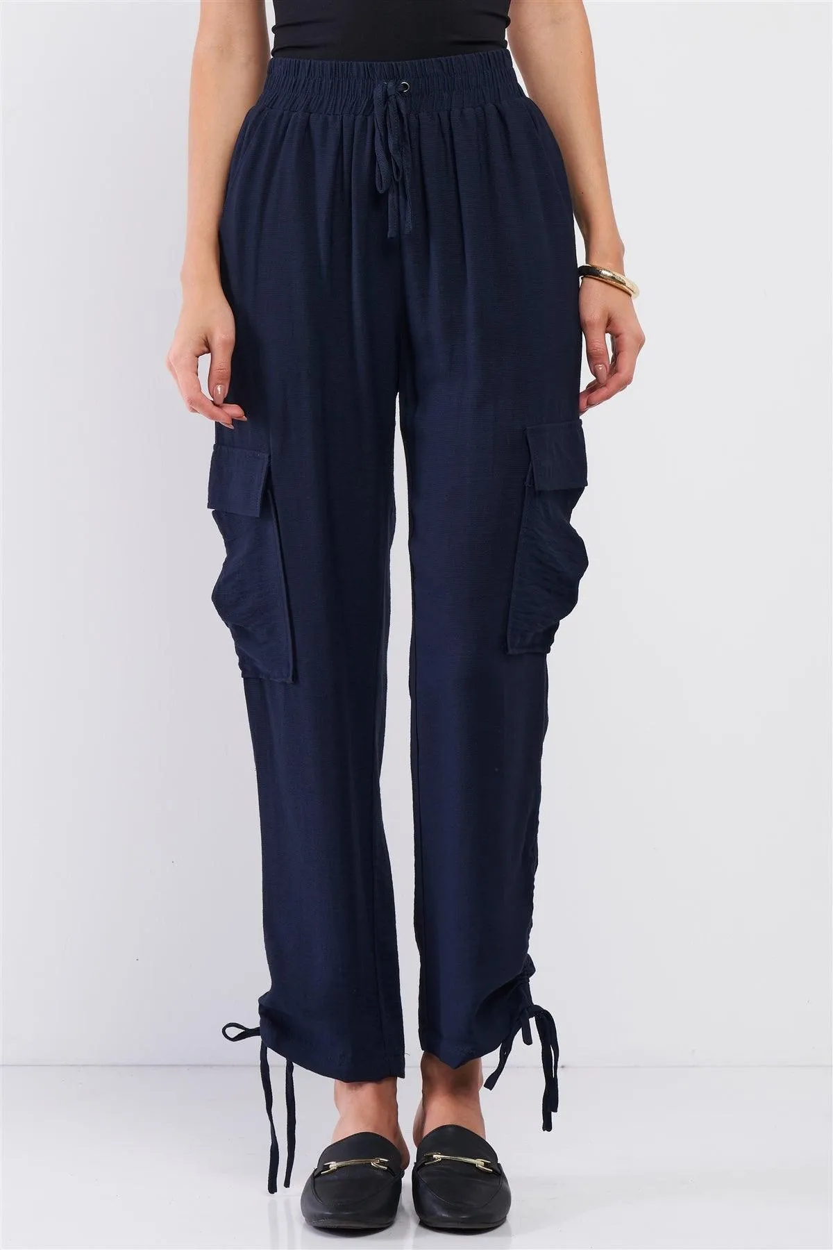 Navy Elastic Draw String Tie High Waist Two Side Leg Pockets Self-Tie Bottom Drawstring Jogger Pants /1-2-2