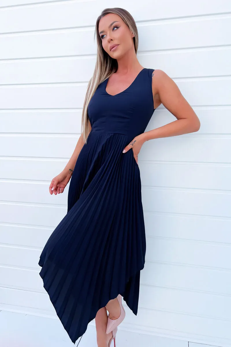 Navy V Neck Pleated Skirt Belted Waist Midi Dress