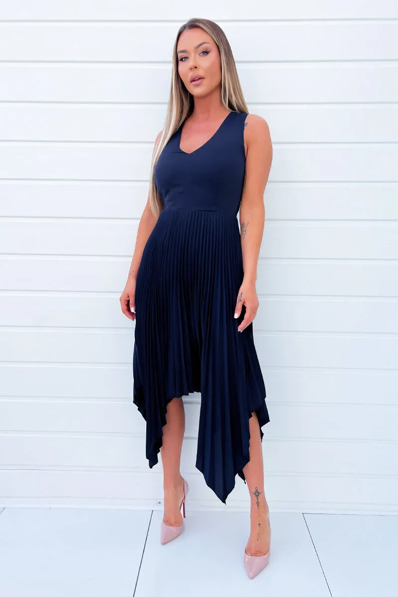 Navy V Neck Pleated Skirt Belted Waist Midi Dress