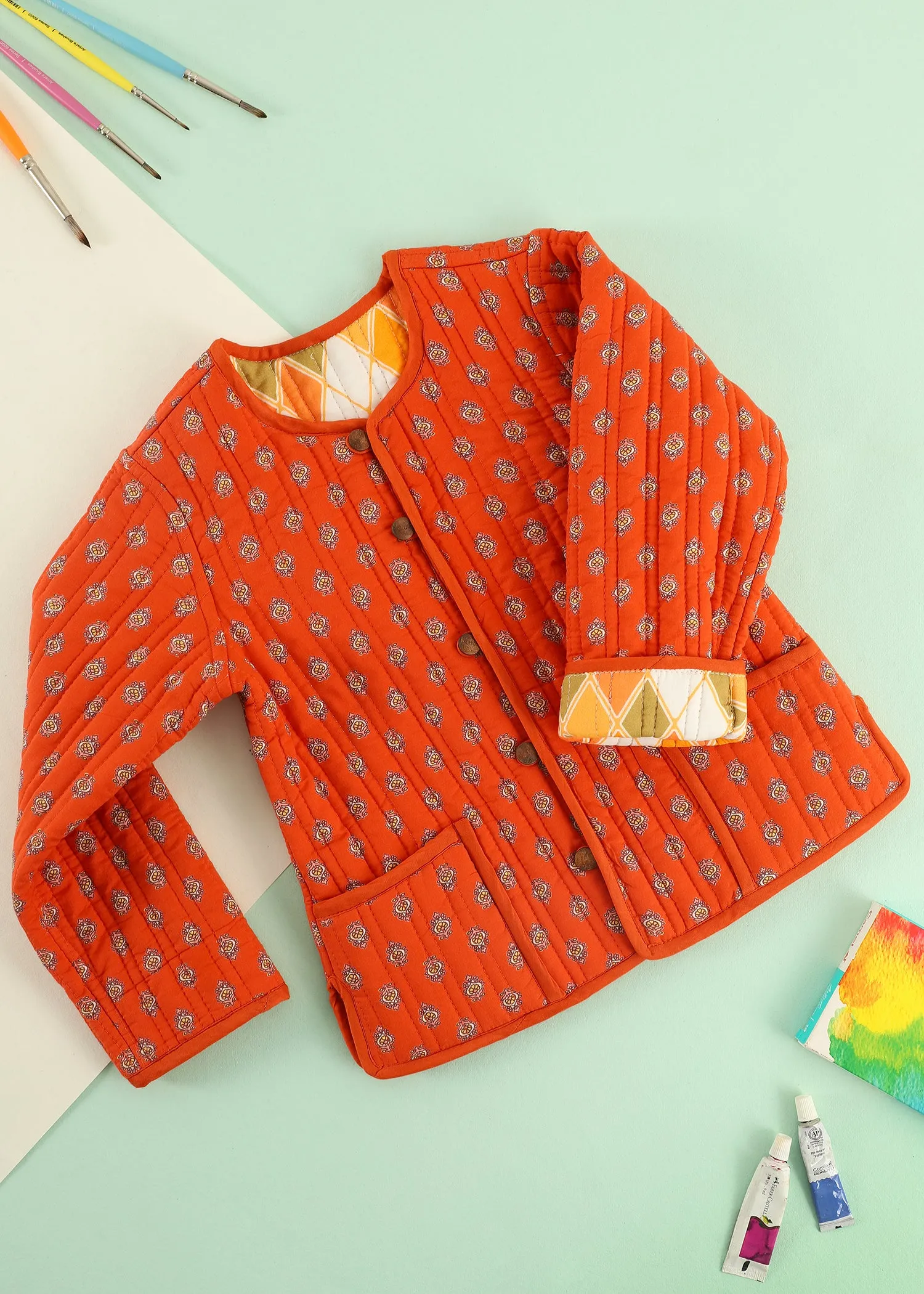 Orange Rhombus Quilted Cotton Reversible Coat Unisex (0-7 Years)