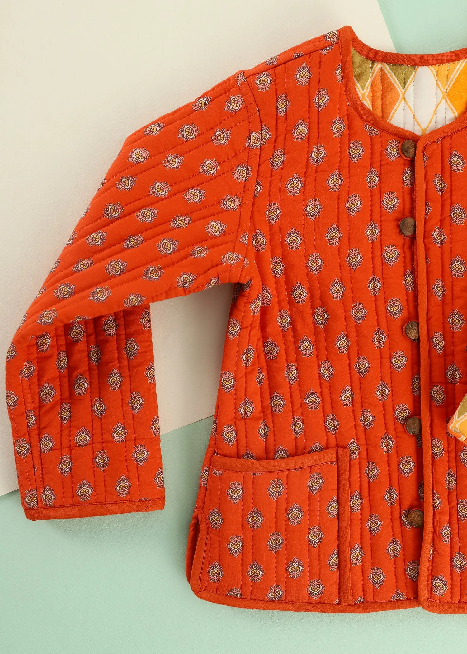 Orange Rhombus Quilted Cotton Reversible Coat Unisex (0-7 Years)