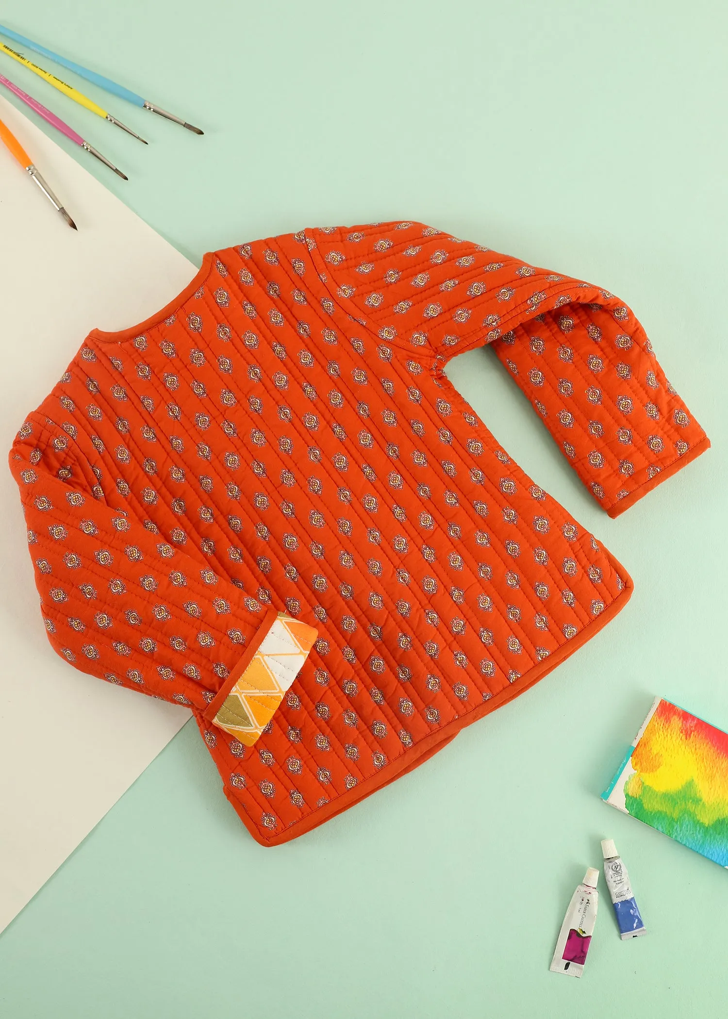 Orange Rhombus Quilted Cotton Reversible Coat Unisex (0-7 Years)