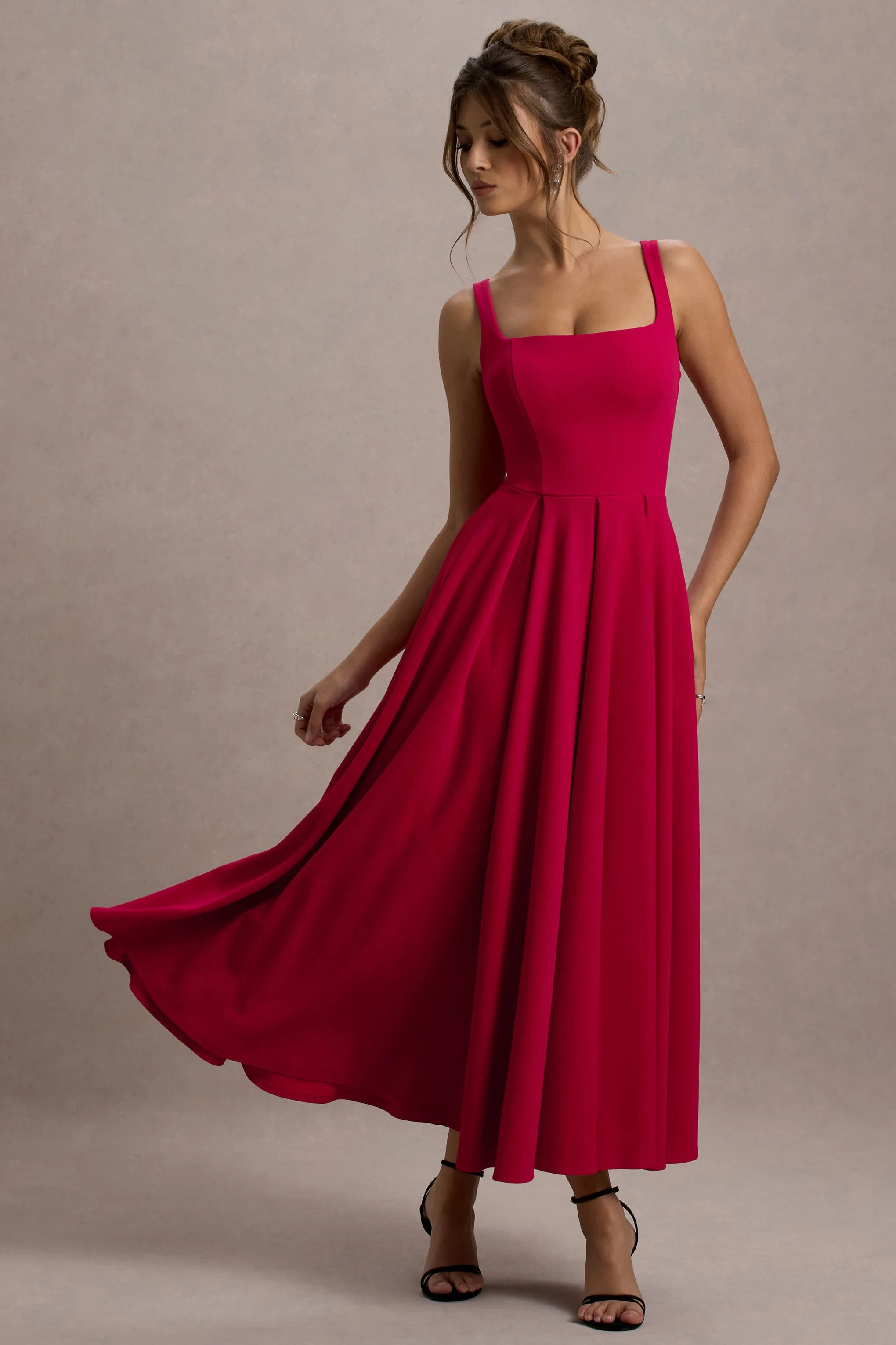 Parina | Red Strappy Volume-Hem Midi Dress