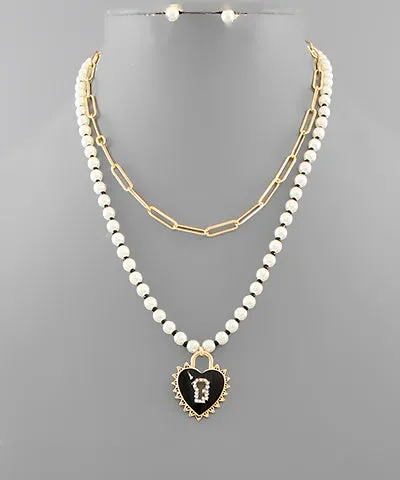 Pearl & Chain Heart Lock Charm Necklace