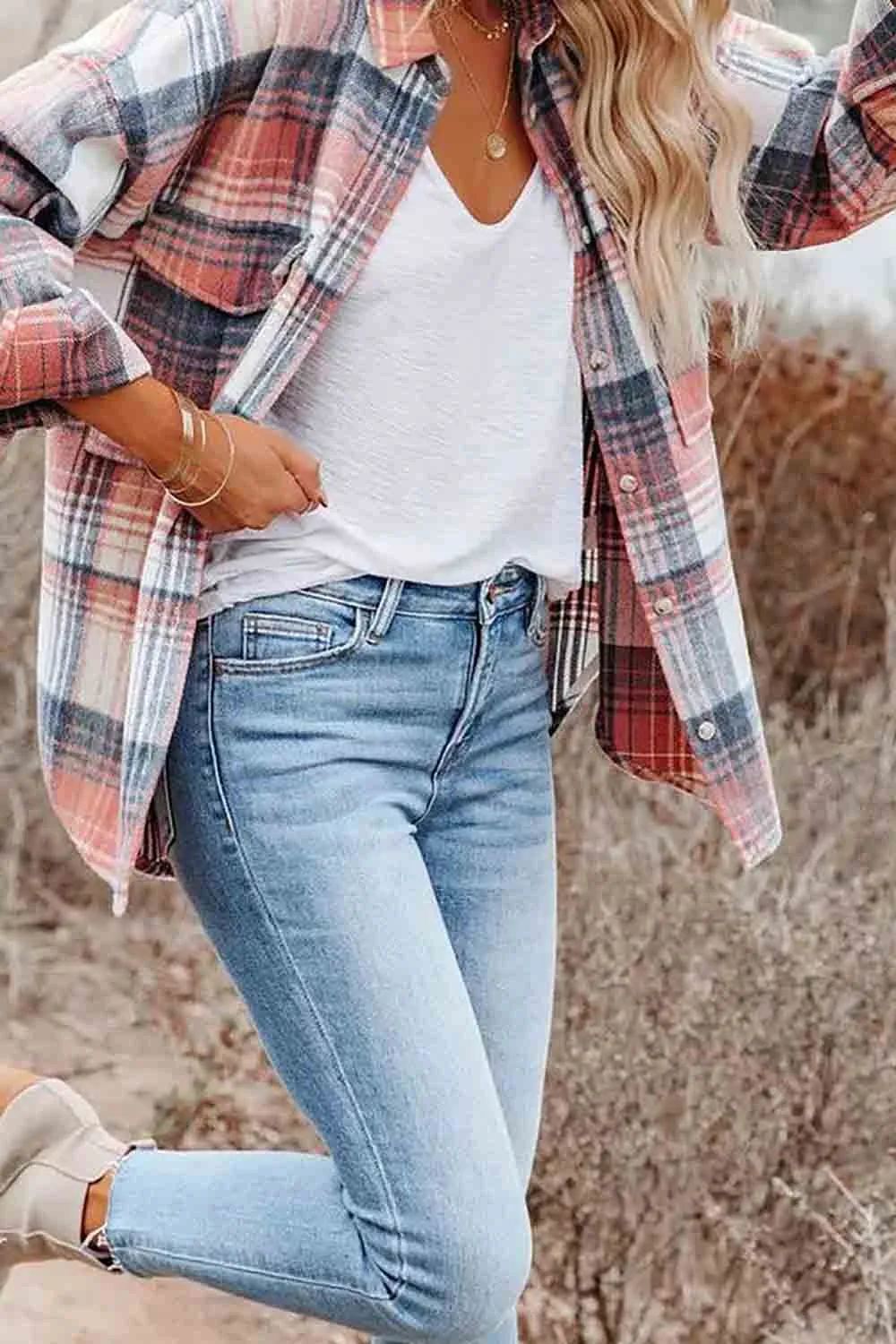 Pink Plaid Shacket Shirt Coat With Pockets