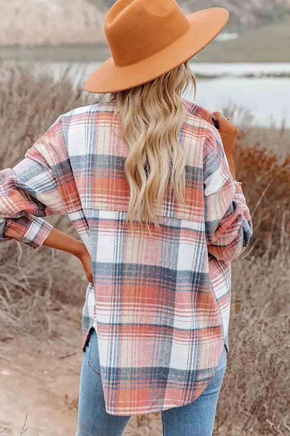 Pink Plaid Shacket Shirt Coat With Pockets