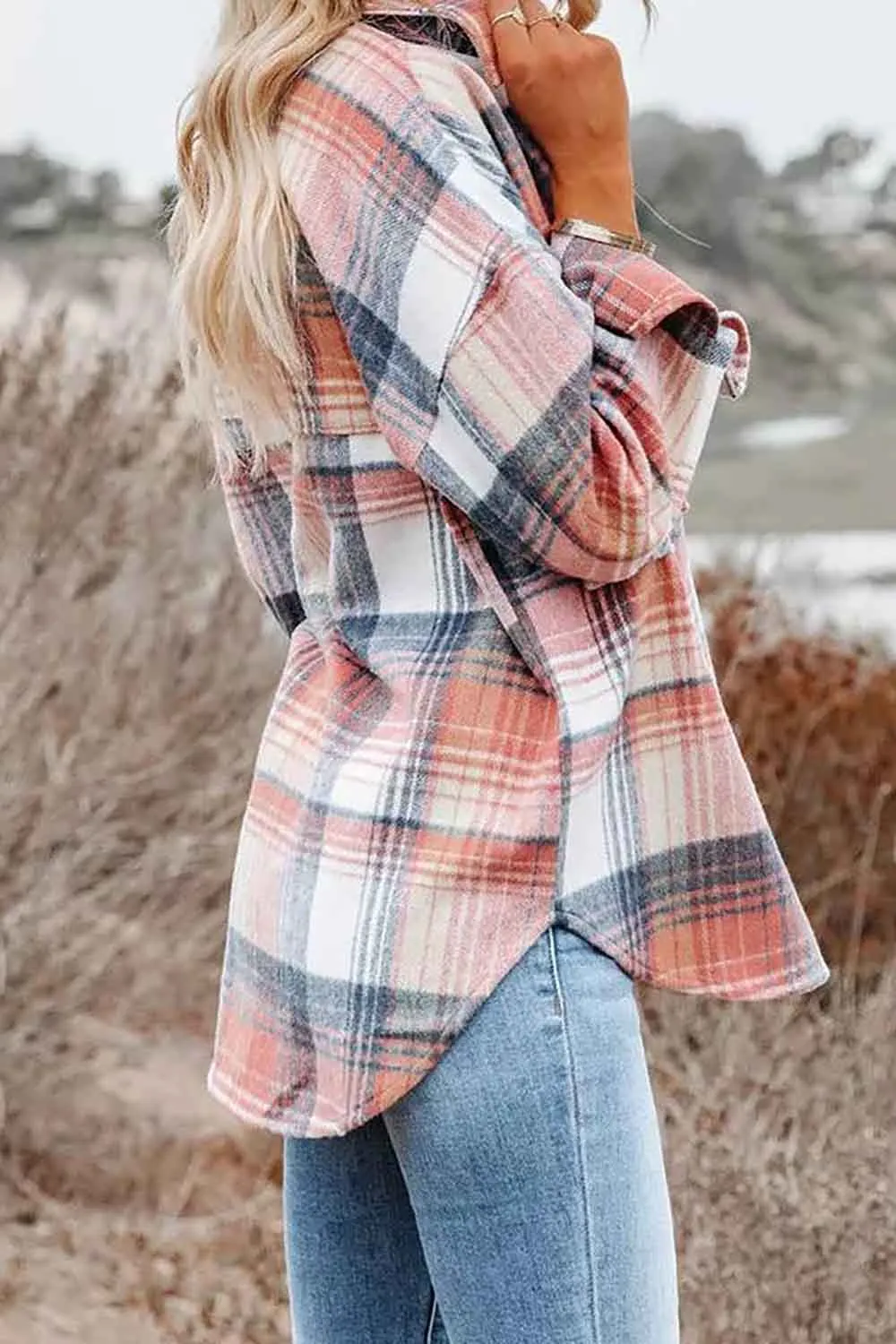 Pink Plaid Shacket Shirt Coat With Pockets