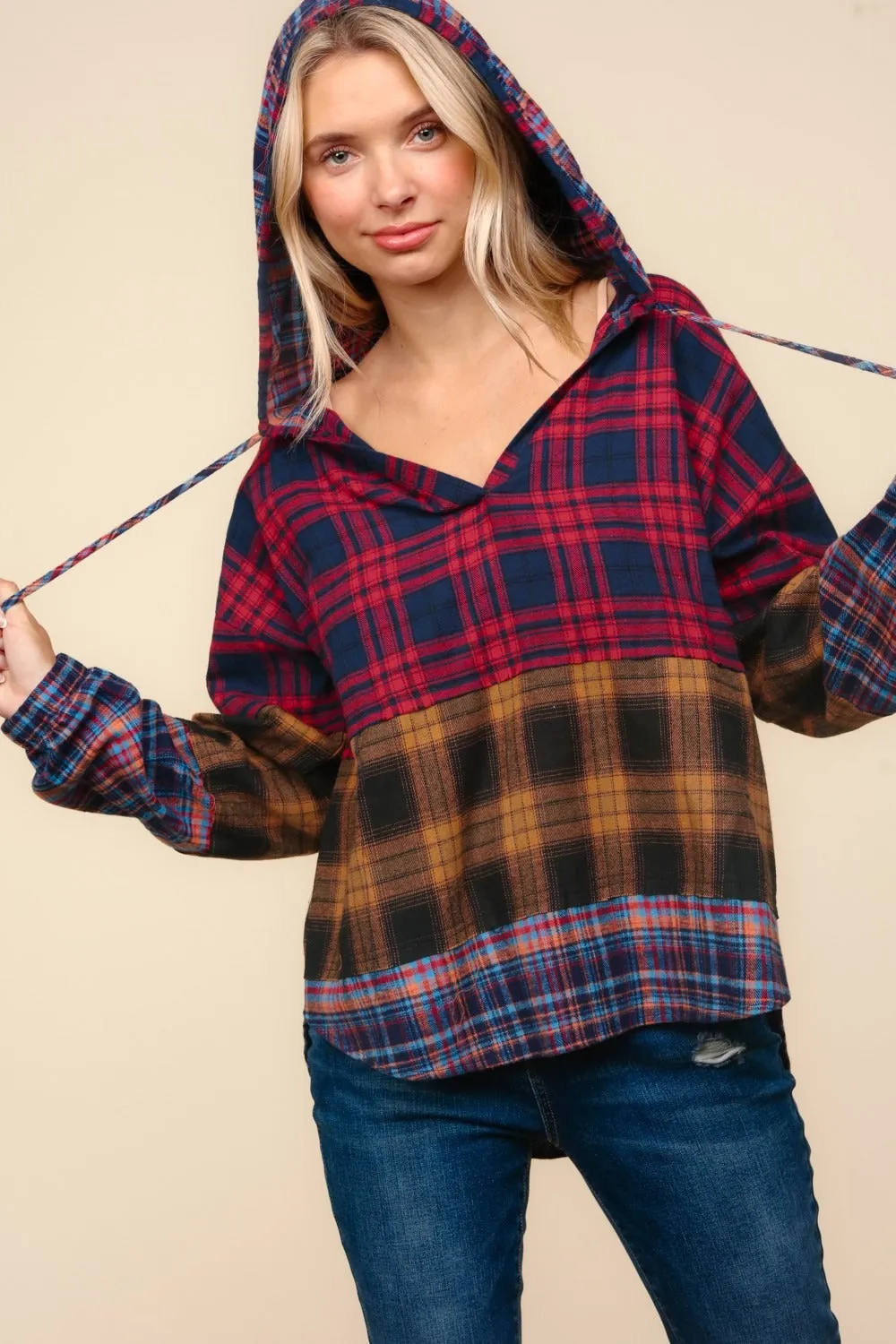 Plaid Edge Cut Detail Hooded Top