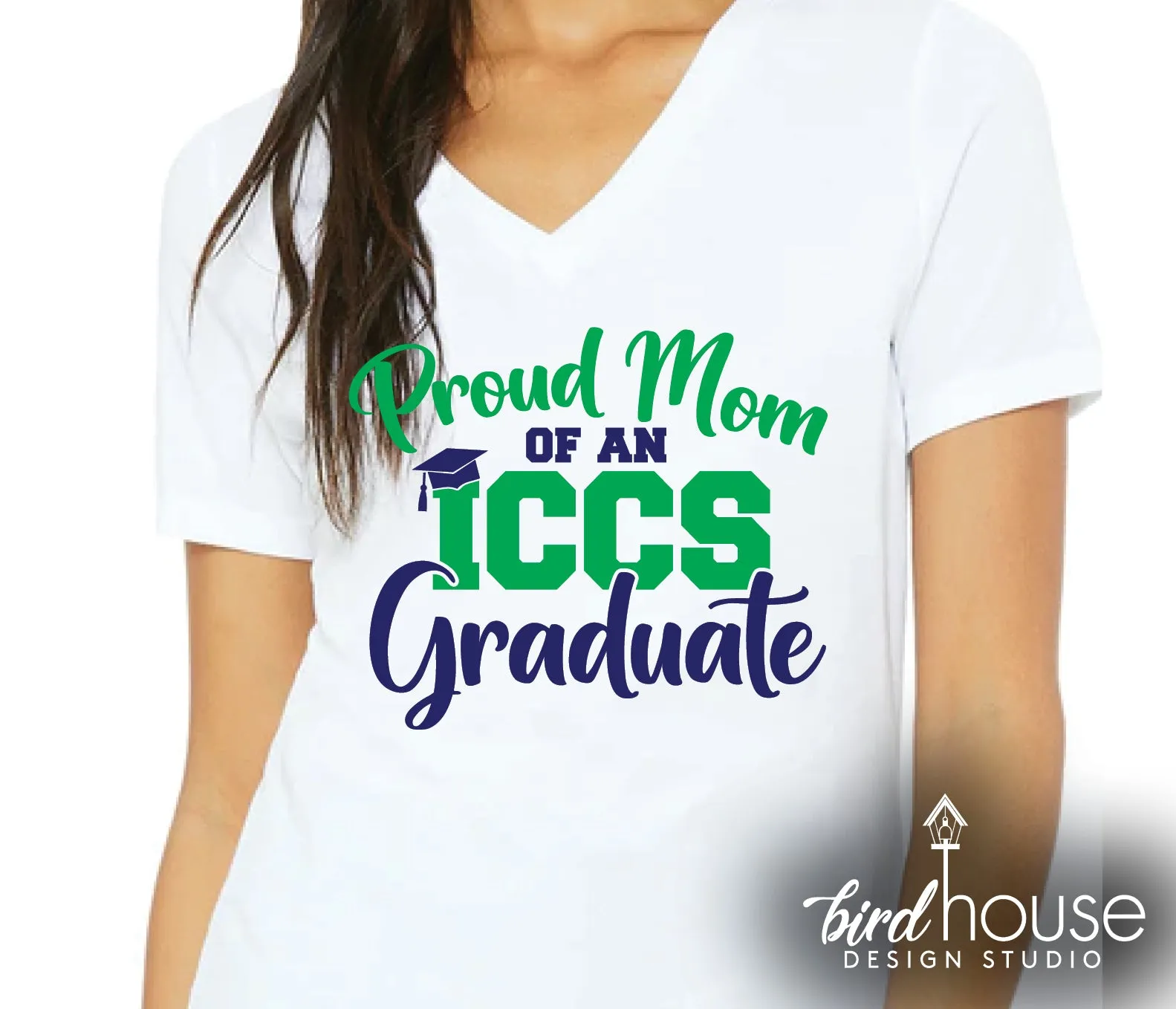 Proud Mom of an ICCS Graduate Shirt, Script, Pick any Two School Colors