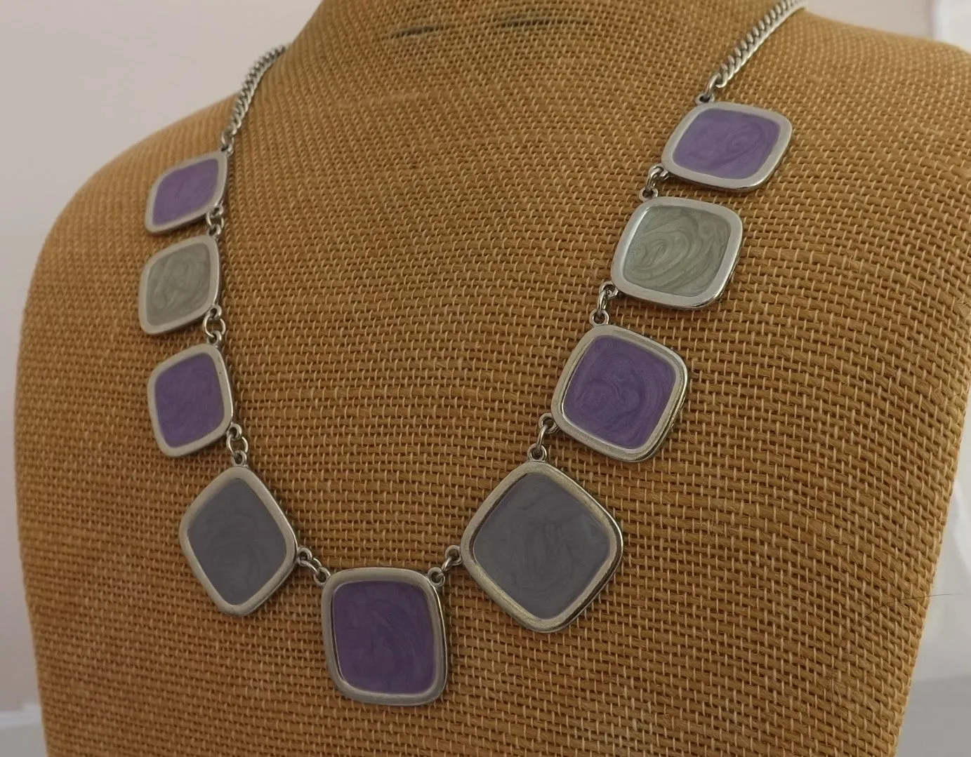 Purple, Grey & Silver Tone Square Collar Necklace