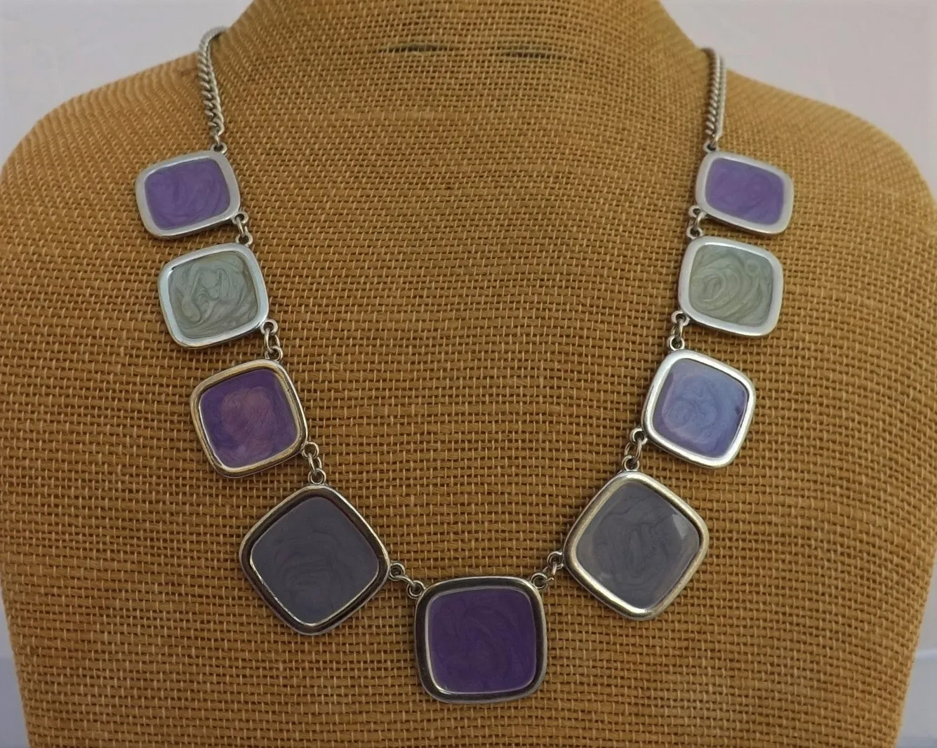 Purple, Grey & Silver Tone Square Collar Necklace