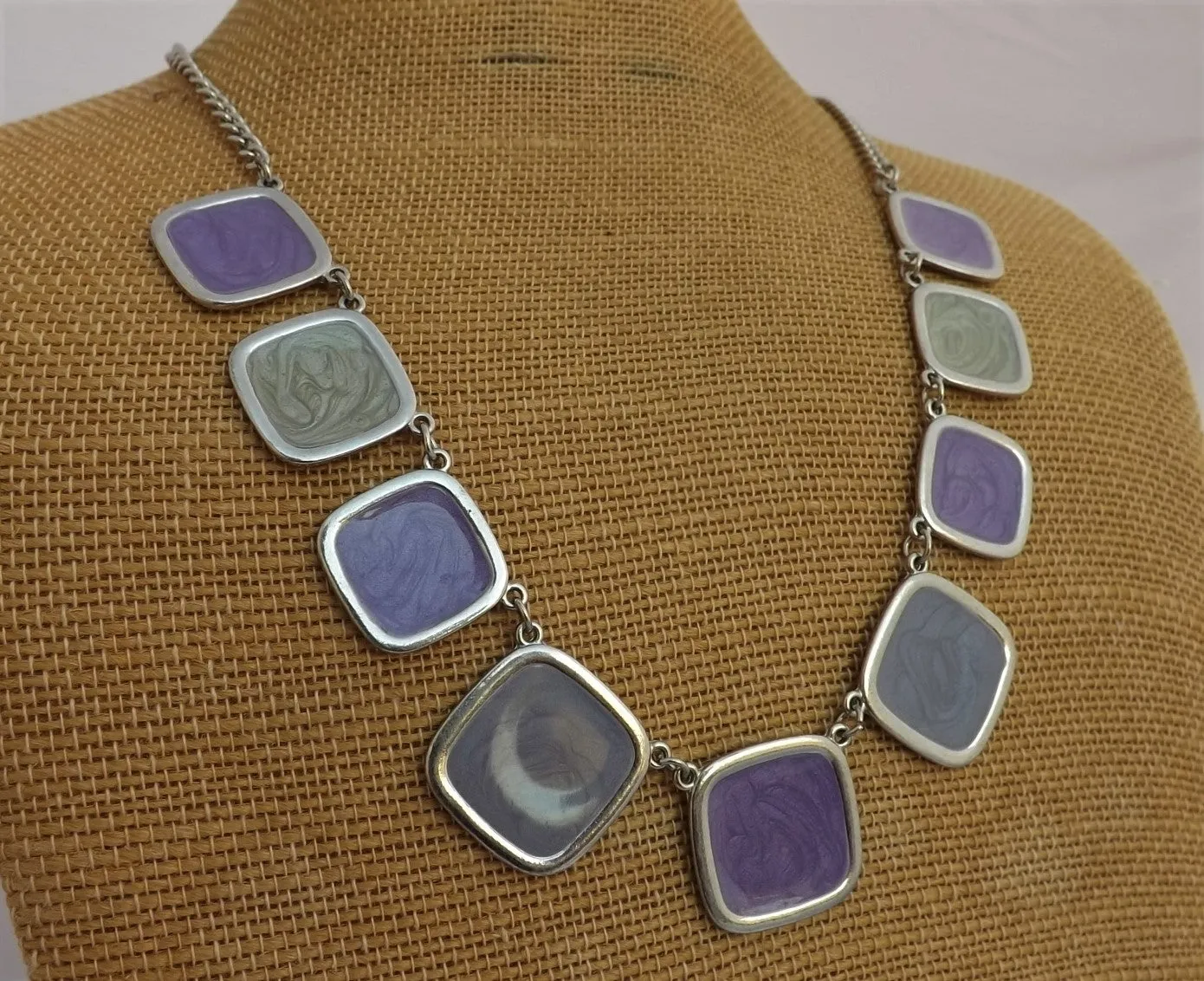 Purple, Grey & Silver Tone Square Collar Necklace