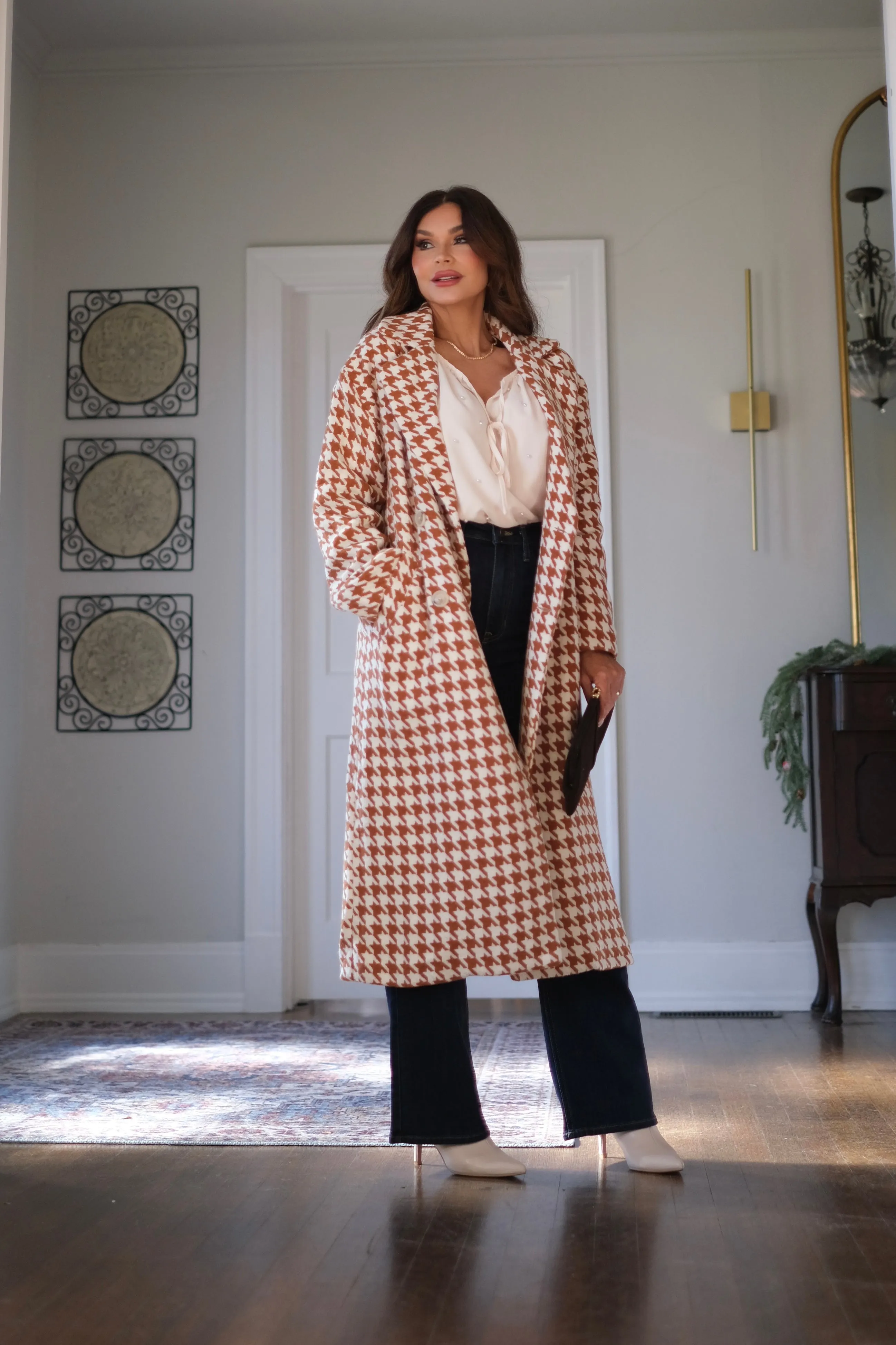 Rakin Rust and Ivory Houndstooth Long Coat