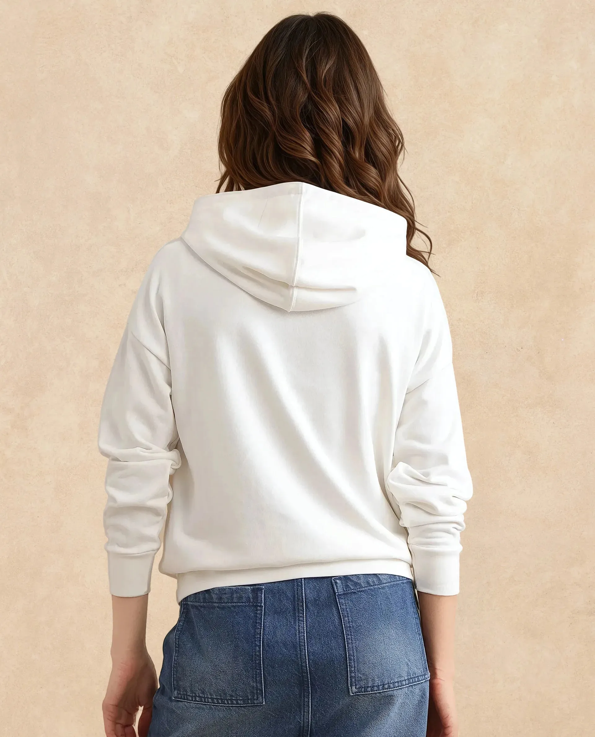 Rareism Women Pesm Off White Full Sleeve Hooded Plain Sweatshirt