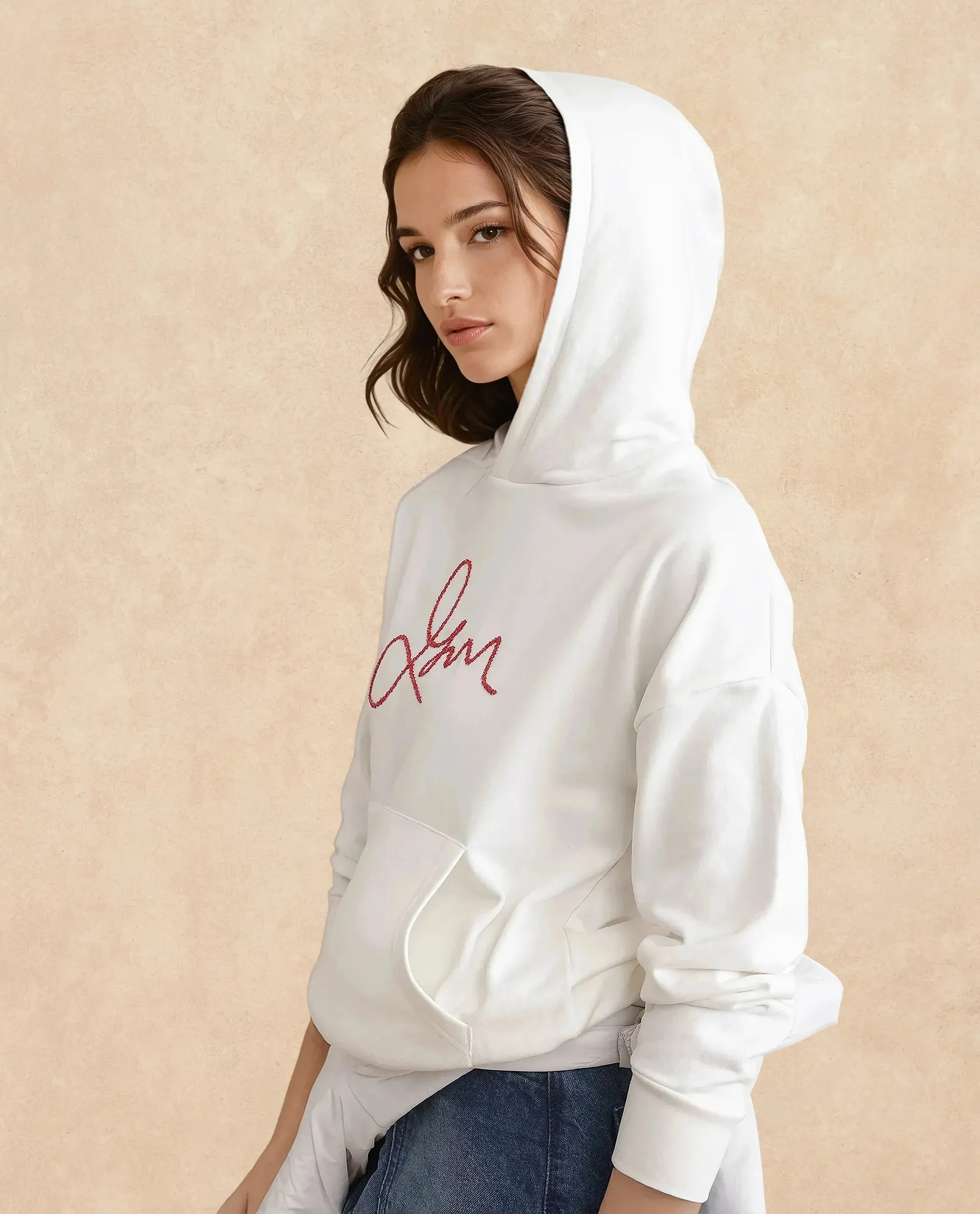 Rareism Women Pesm Off White Full Sleeve Hooded Plain Sweatshirt