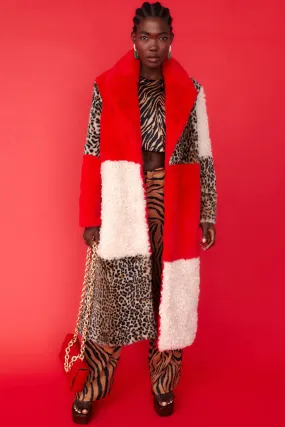 Red Faux Fur and Faux Shearling Maxi Coat