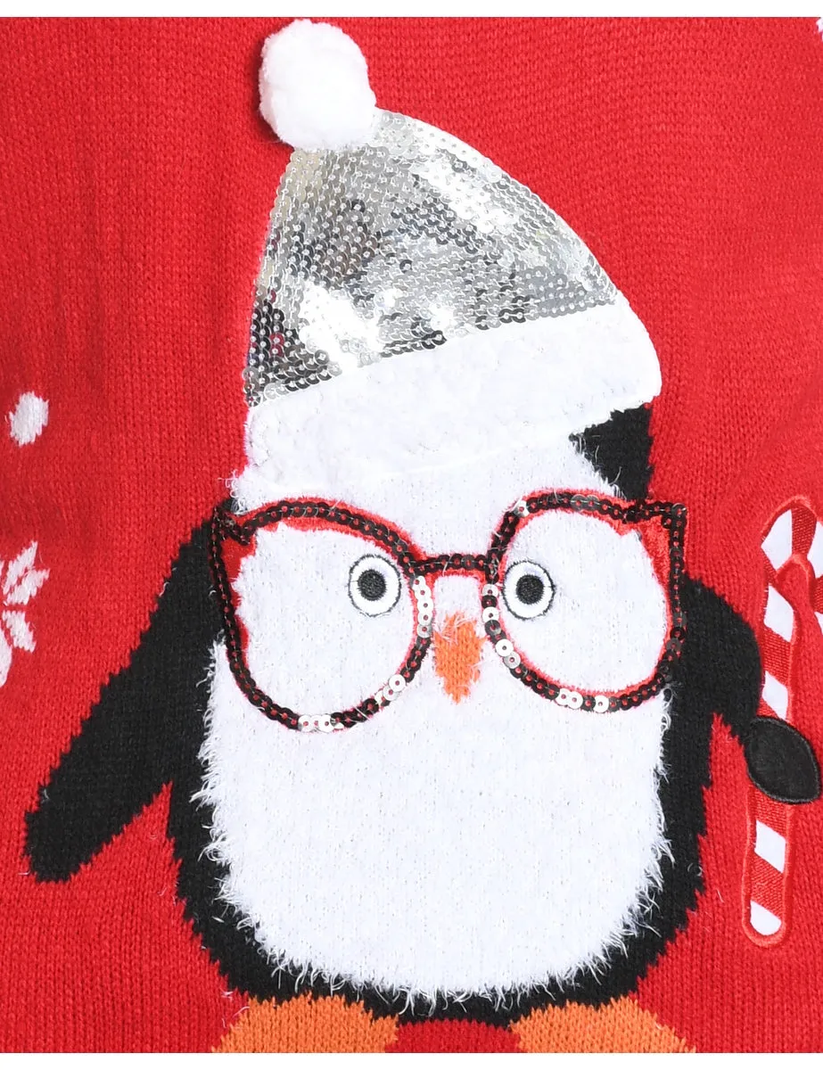 Red Penguin Design Knit Christmas Jumper - L