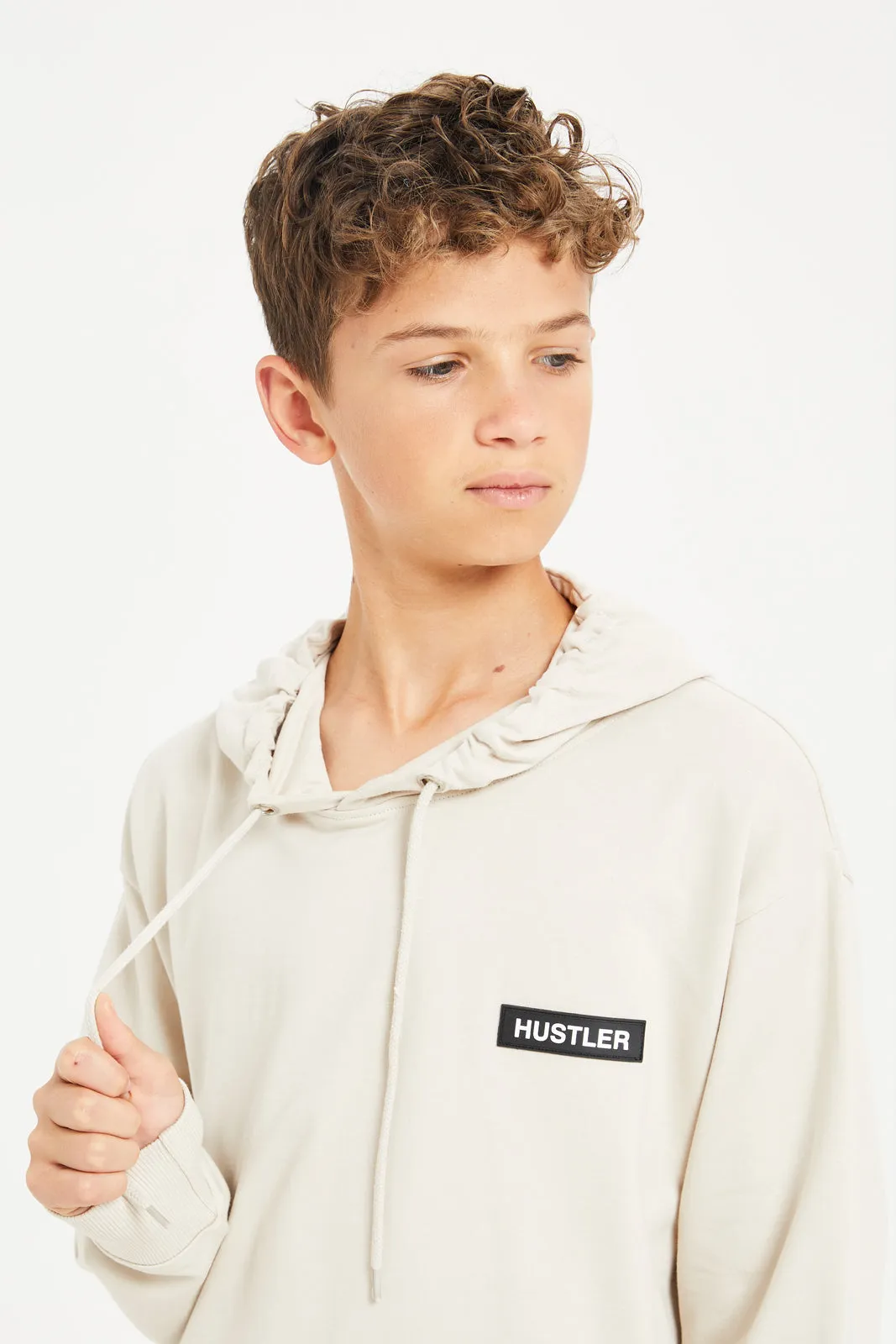 Senior Boys Beige Oversize Hooded Sweatshirt