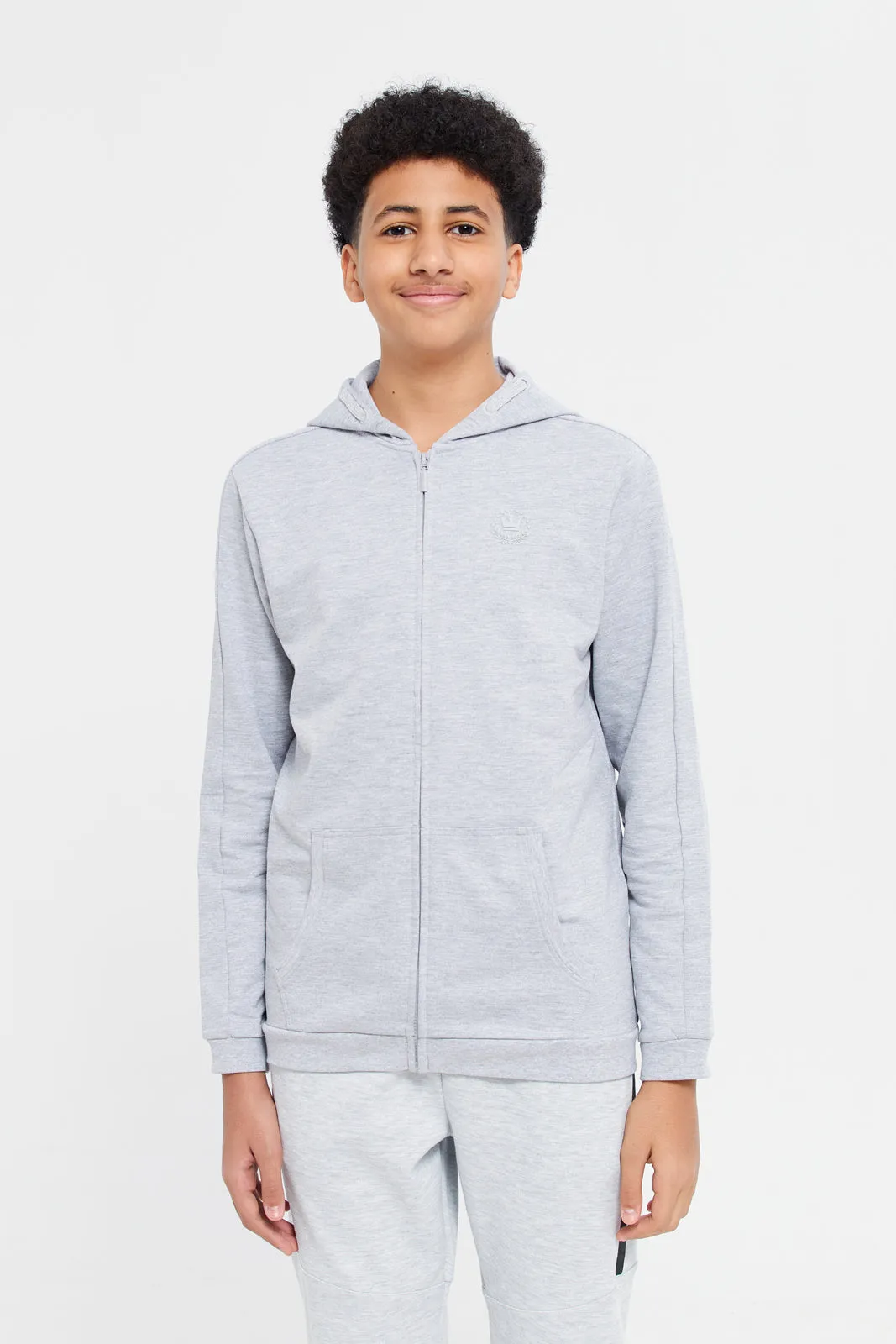 Senior Boys Grey Zipper Front Hooded Sweatshirt