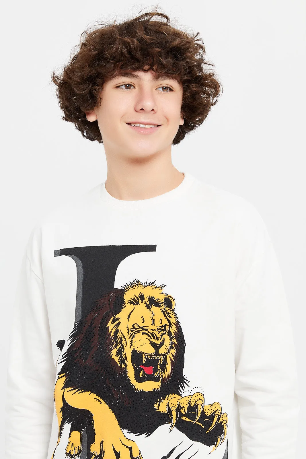 Senior Boys White Lion Print Oversize Sweatshirt