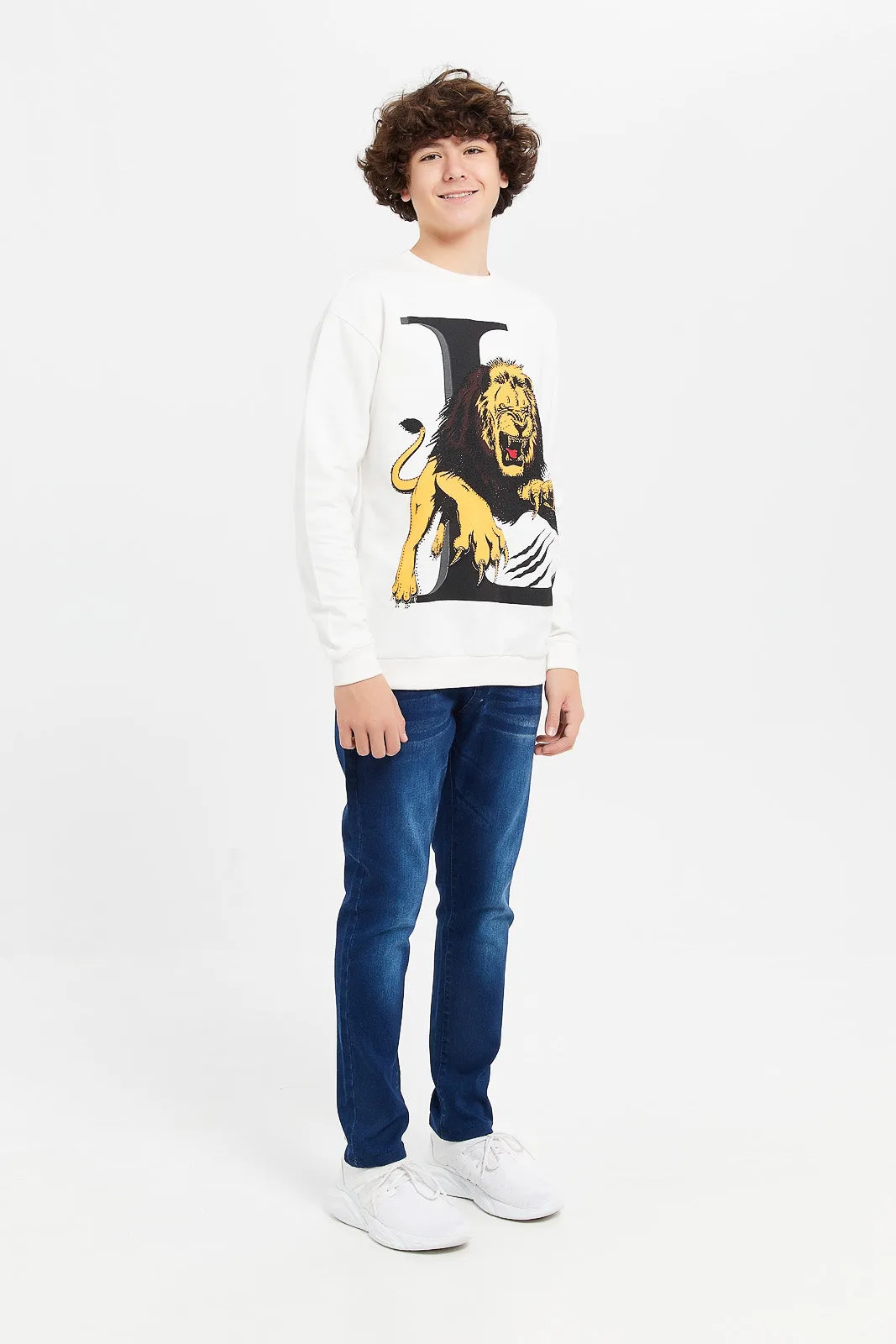 Senior Boys White Lion Print Oversize Sweatshirt