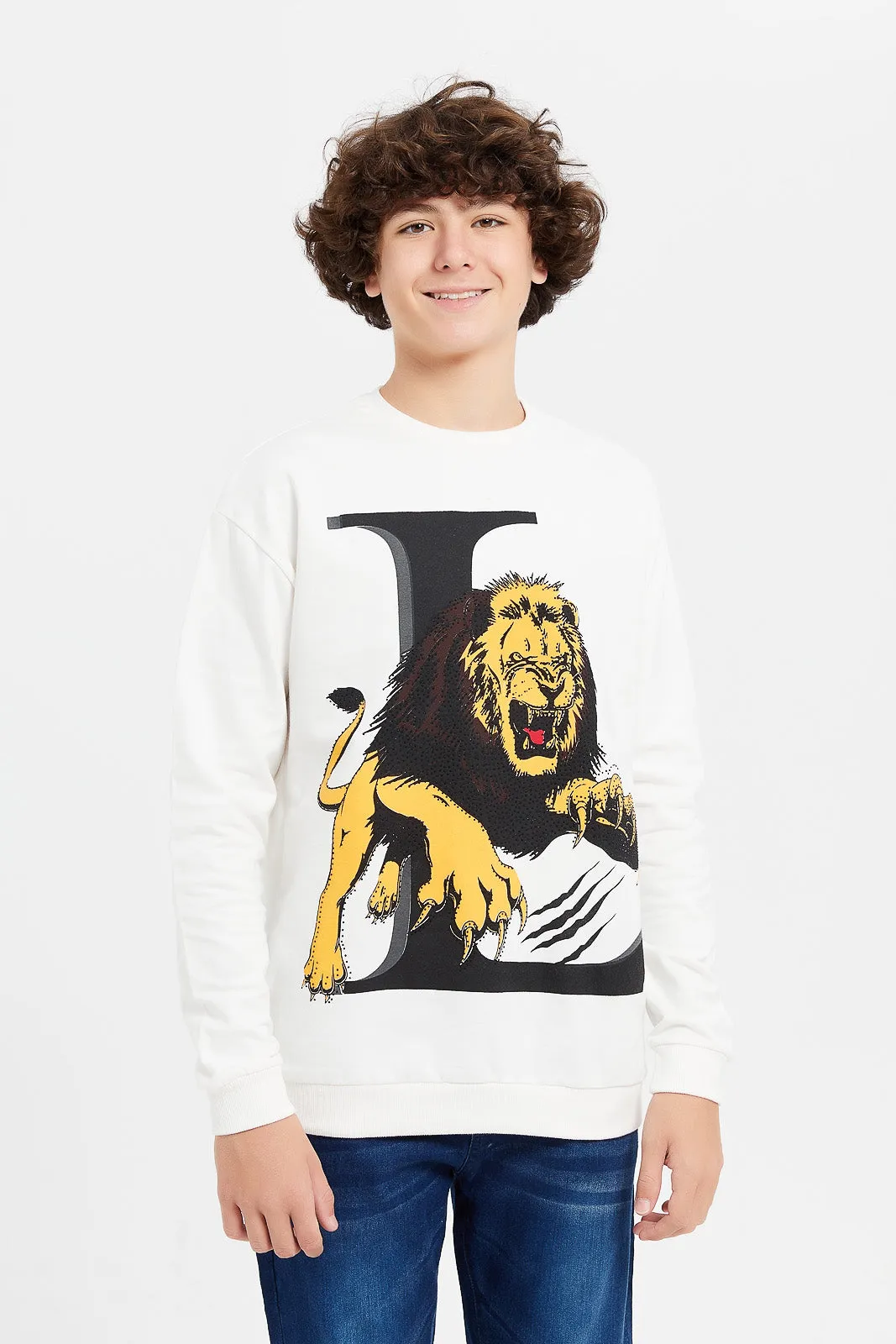 Senior Boys White Lion Print Oversize Sweatshirt