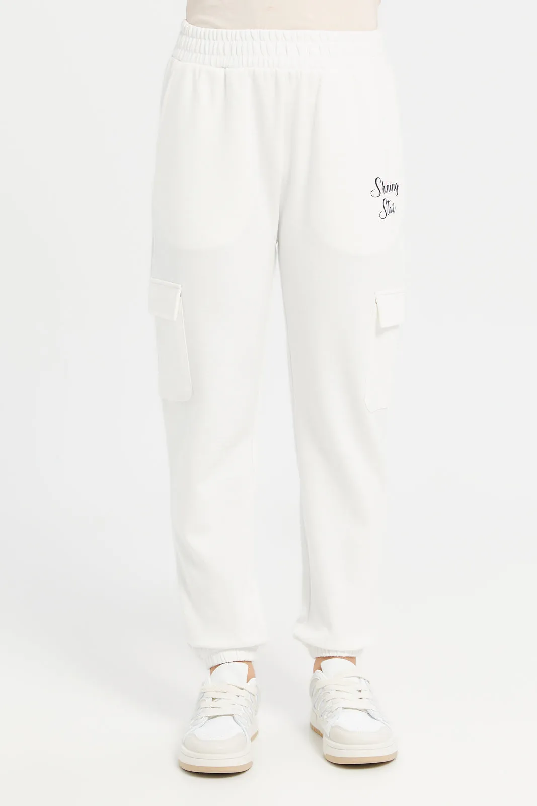 Senior Girls White Printed Interlock Joggers