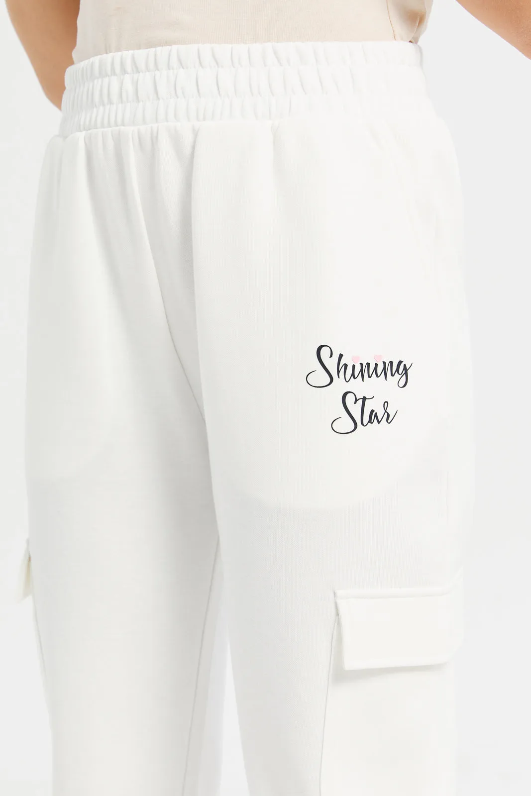 Senior Girls White Printed Interlock Joggers