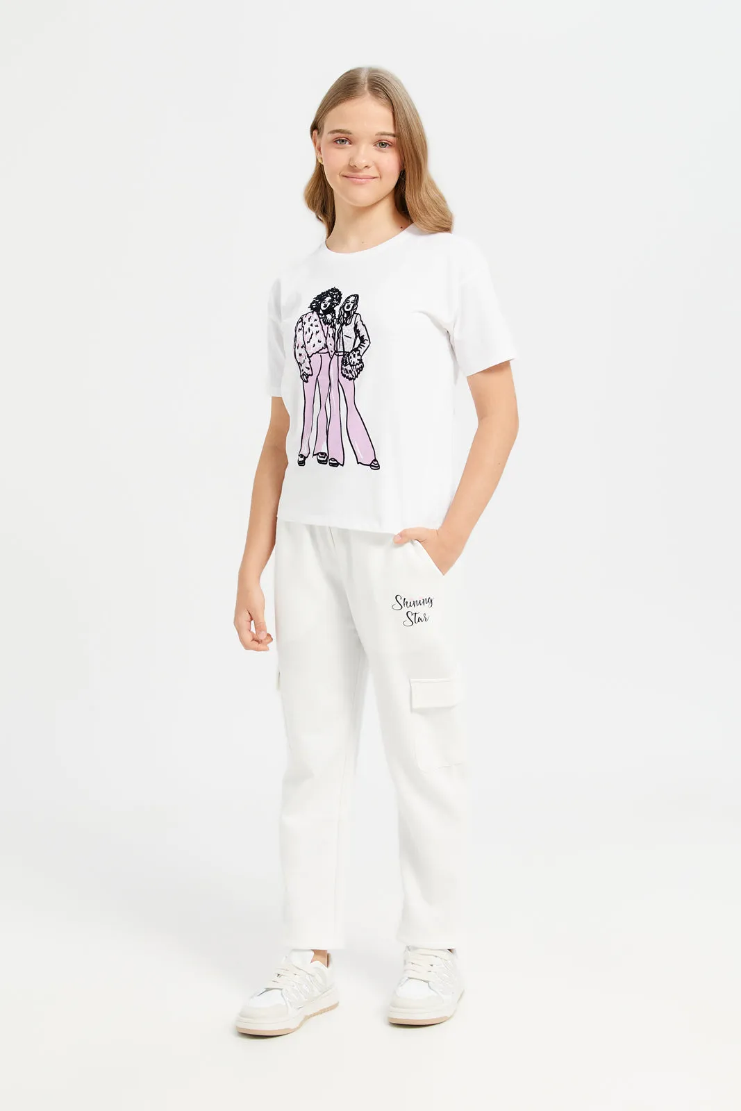 Senior Girls White Printed Interlock Joggers