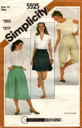 Simplicity 5525 Womens Yoked Culottes Mini Skirt & Knickers 1980s Vintage Sewing Pattern Size 10 or 12