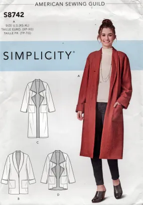 Simplicity S8742 Womens Coat with Draped or Shawl Collar Sewing Pattern Size XS - XL UNCUT Factory Folded