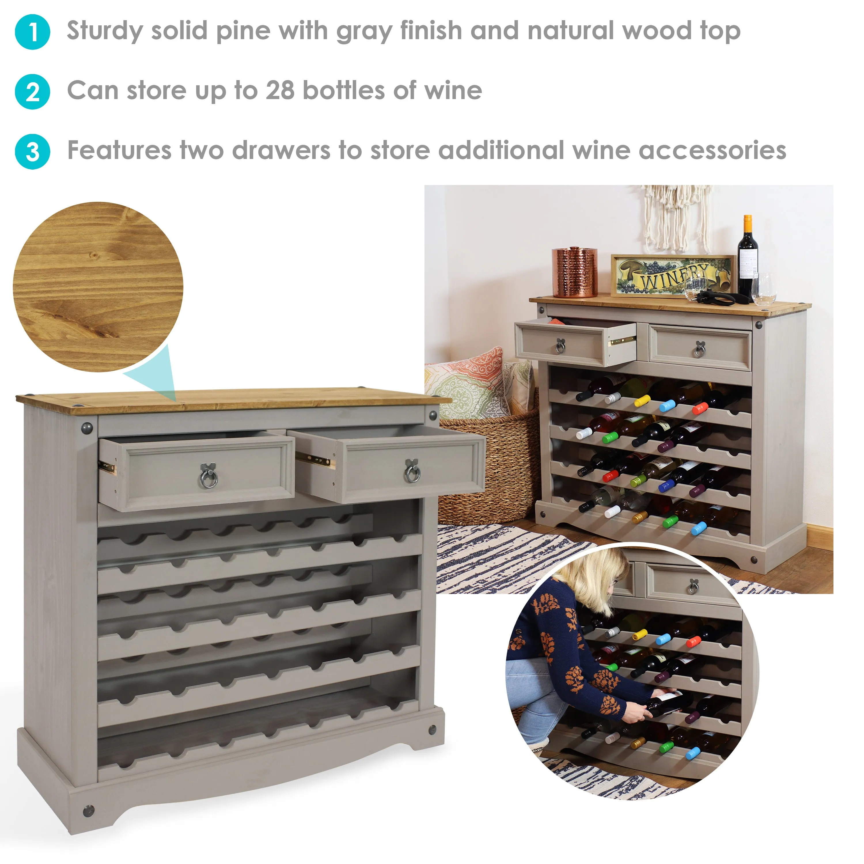 Sunnydaze 28-Bottle Solid Pine Freestanding Wine Rack Table - Gray - 34.5"